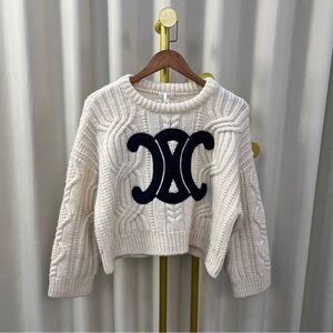 Celine Ivory Cable Knit Sweater with Navy Emblem